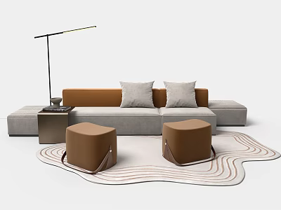 Modern Sofa and Coffee Table Set with Brown Ottomans Floor Lamp and Wavy Rug 3d model