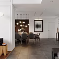 Modern Living Room Interior With Dining Table Chairs Pendant Lights And Piano