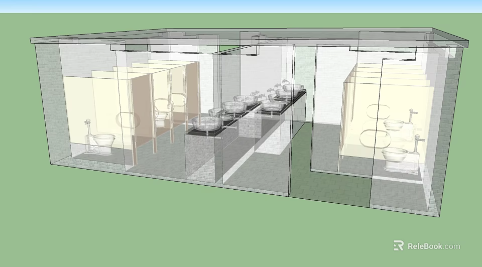Public Restroom Interior Design With Multiple Sinks Stalls And Modern Layout 3d model 
