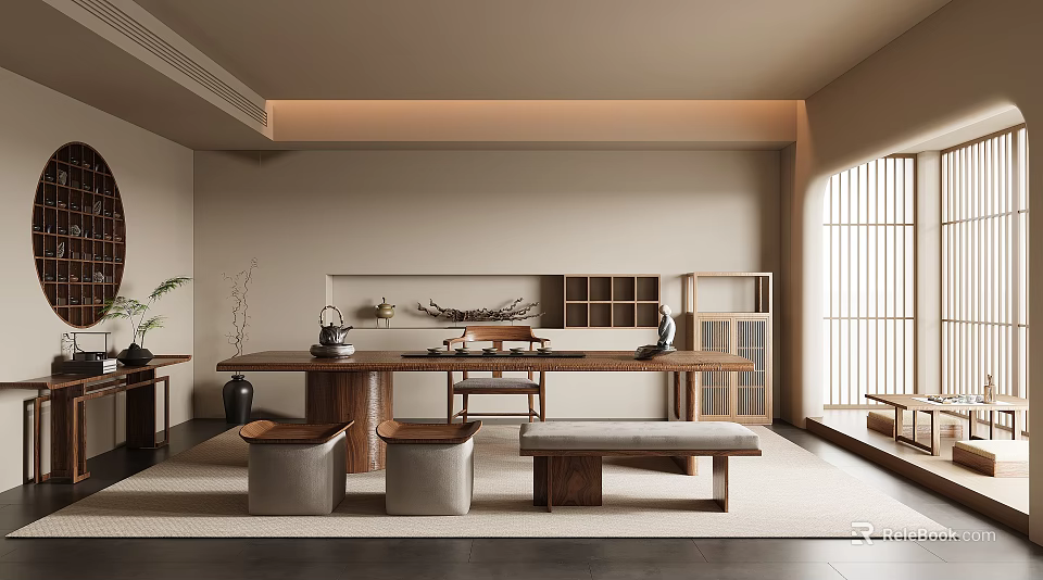 Japanese Style Tea Room Interior Design With Wooden Table Stools Bench Bookshelves And Plants 3d model 