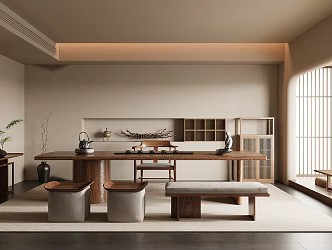 New Chinese Style Tea Room Solid Wood Tea Table and Chair Combination Entrance Cabinet Decorative Cabinet Low Stool Tea Tray Tea Set Tea Set Tea Set Supplies Bay Window Tea Table Tatami Vase Potted Plant 3d model