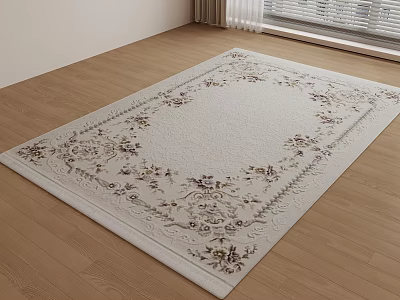 White Floral Pattern Rug On Wooden Floor With Natural Light From Window 3d model
