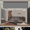 Modern Bedroom Interior With Cozy Bed Nightstands Table Lamps Area Rug And Geometric Wall Decor