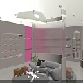 Modern Boutique Interior With Curved Shelves Pink Accent Sofa And Plant Lighting