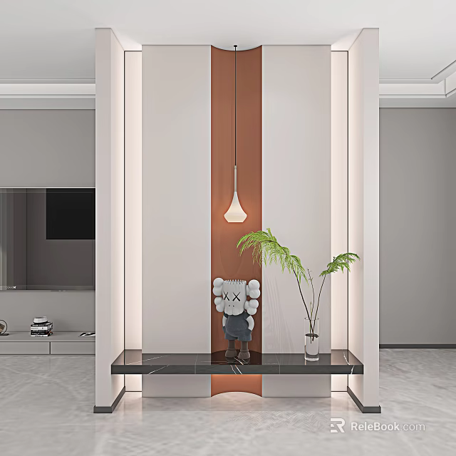 Modern Entryway Hallway Interior with Pendant Light Black Marble Countertop Palm Plant and Decorative Items 3d model 