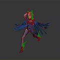 3D Anime Character With Black Wings Blue Outfit And Weapon In Dynamic Pose