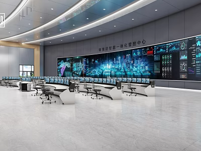 Spacious Modern Control Room with Multiple Large Digital Monitoring Screens and Control Desks 3d model