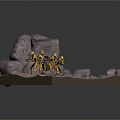 Five Yellow And Black Armored Characters Holding Weapons In Rocky Sandy Terrain With Large Rocks