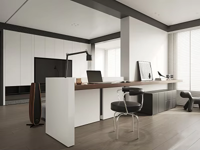 Modern Home Office Interior Design With Wooden Desk Black Stool And White Cabinets 3d model