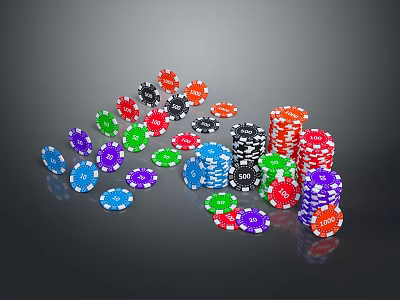 Assorted Colorful Poker Chips Scattered And Stacked On Gray Background 3d model