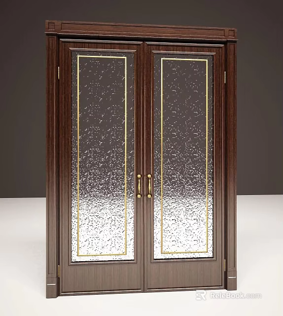 Wooden Double Doors With Frosted Glass Panels And Gold Trim Brass Handles 3d model 