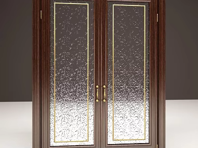 Wooden Double Doors With Frosted Glass Panels And Gold Trim Brass Handles 3d model