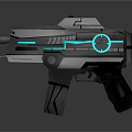 Futuristic Sci Fi Gun Featuring Silver Gray Design Blue Neon Lights And Circular Glowing Symbol