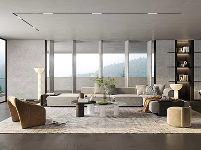 Modern Open Living Room With Large Windows Mountain View Gray Sofa Brown Armchair Coffee Table 3d model