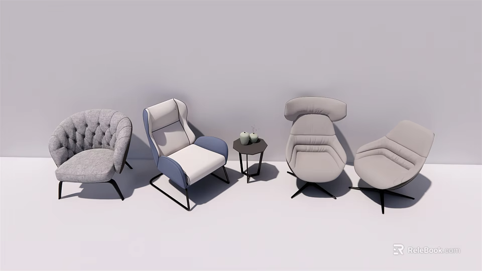 Modern Single Sofa Collection with Light Upholstery and Side Table Plants 3d model