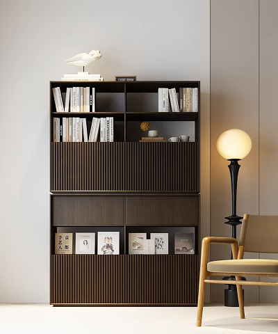Modern Dark Brown Bookshelf With Layered Books Decorative Items Cabinets Floor Lamp And Chair 3d model