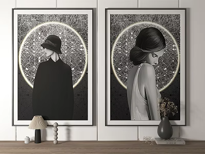 Two Framed Black And White Portrait Art With Female Figures Circular Background And Vase Decor 3d model