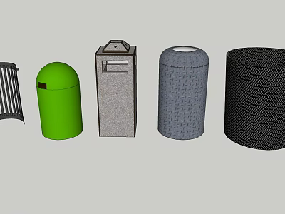 Public Facilities In Public Area With Railing Green Trash Bin And Cylindrical Containers 3d model