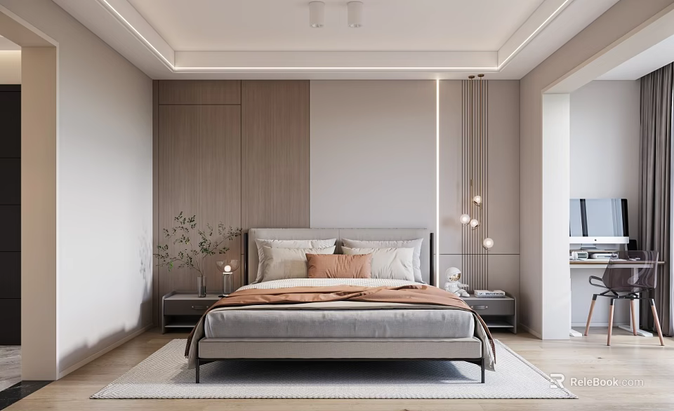 Modern Bedroom Interior Design With Wooden Headboard Soft Pillows And Hanging Lights 3d model 