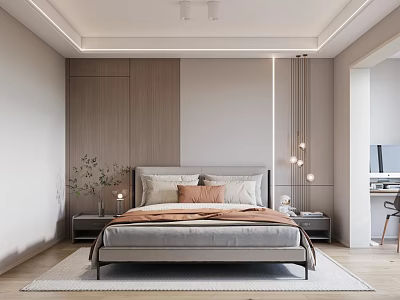 Modern Bedroom Interior Design With Wooden Headboard Soft Pillows And Hanging Lights 3d model