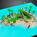 Tropical Garden Landscape With Palm Trees Sandy Beach Rock Formations And Small Boat
