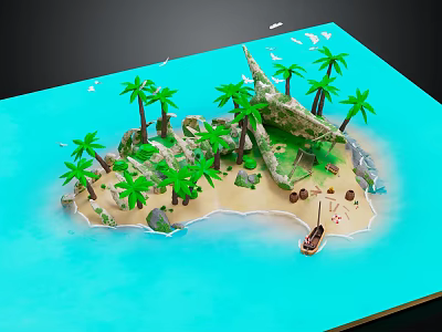 Tropical Garden Landscape With Palm Trees Sandy Beach Rock Formations And Small Boat 3d model