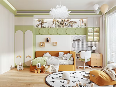 Bright Kids Room Interior With Orange Bed Green Walls White Pendant Light And Playful Toys 3d model