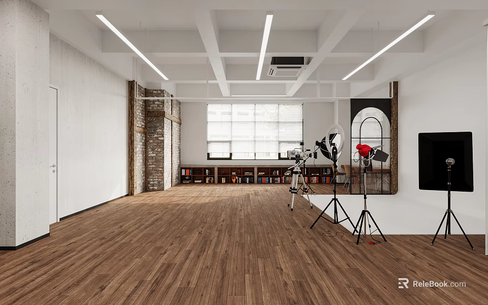 Spacious Photography Studio With Wooden Floor White Walls Brick Accents Windows Bookshelves Tripods Lighting TV 3d model 