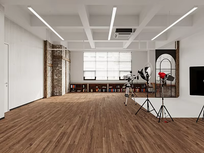 Spacious Photography Studio With Wooden Floor White Walls Brick Accents Windows Bookshelves Tripods Lighting TV 3d model