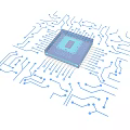 Detailed 3D Rendered Microchip On Circuit Board With Glowing Blue Lines
