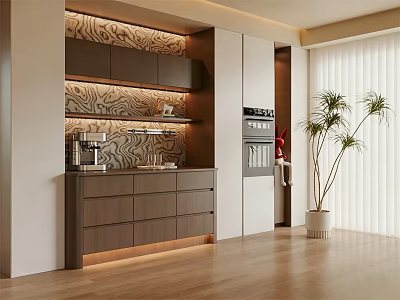 Modern Sideboard With Wooden Texture Built in LED Lights And White Cabinets In Interior Design 3d model