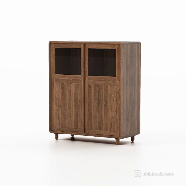 Modern Wooden Sideboard Cabinet With Glass Doors And Walnut Finish Legs 3d model 