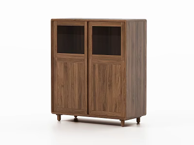 Modern Wooden Sideboard Cabinet With Glass Doors And Walnut Finish Legs 3d model