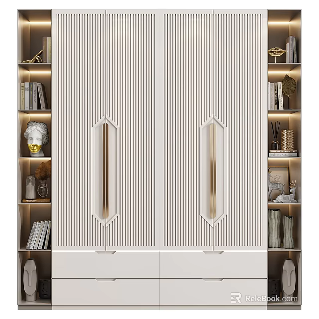 Elegant Modern Decorative Cabinet With Striped Double Doors Open Shelves And Decorative Items 3d model 
