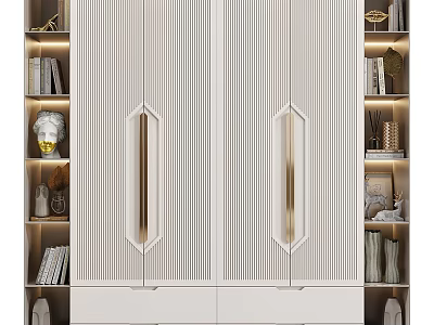 Elegant Modern Decorative Cabinet With Striped Double Doors Open Shelves And Decorative Items 3d model