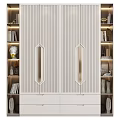Elegant Modern Decorative Cabinet With Striped Double Doors Open Shelves And Decorative Items