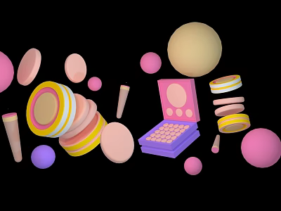 Cosmetic Billboard Display with Stacked Powder Compact Eyeshadow Palette and Colorful Spheres 3d model