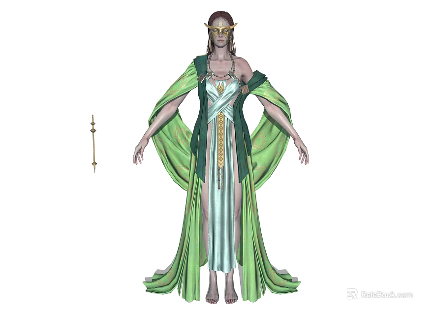 Elven Priestess In Green And White Striped Robe With Flowing Sleeves Golden Headpiece And Staff 3d model 