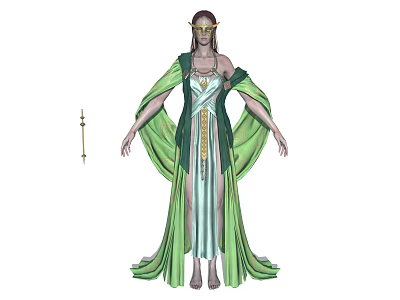 Elven Priestess In Green And White Striped Robe With Flowing Sleeves Golden Headpiece And Staff 3d model