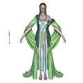 Elven Priestess In Green And White Striped Robe With Flowing Sleeves Golden Headpiece And Staff