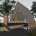 Triangular Roof Wooden House With Glass Walls Trees Car And Stone Steps