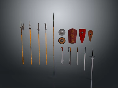 Medieval Weapons Collection with Spears Shields Swords and Various Designs on 3d model