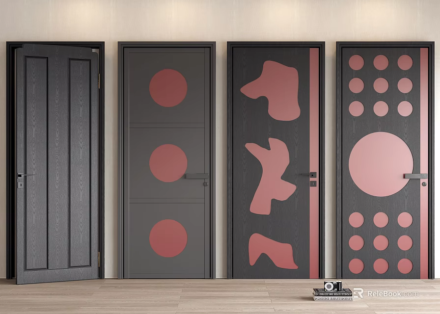 Modern Hinged Doors in Black and Red with Decorative Patterns for Contemporary Home Interior 3d model 