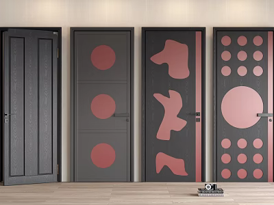 Modern Hinged Doors in Black and Red with Decorative Patterns for Contemporary Home Interior 3d model