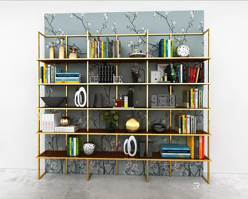 Golden Multi Tiered Shelving Unit With Books Decorative Items And Floral Wallpaper 3d model 