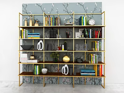 Golden Multi Tiered Shelving Unit With Books Decorative Items And Floral Wallpaper 3d model