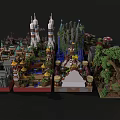 Vibrant Cartoon Scenery Featuring Various Buildings Rocket Spires Green Plants And Decorative Designs