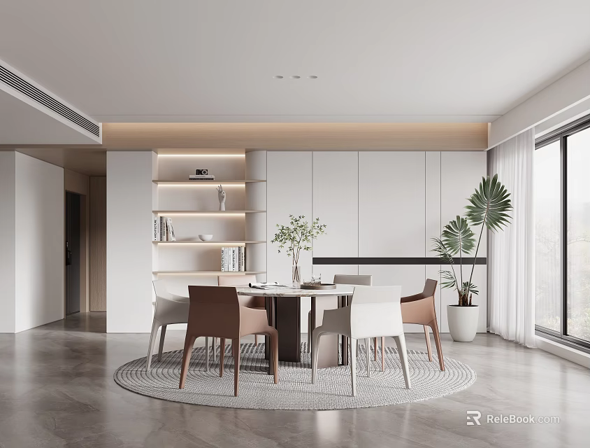 Modern Luxury Restaurant Interior With Round Table Dining Chairs White Cabinets And Green Plants 3d model 