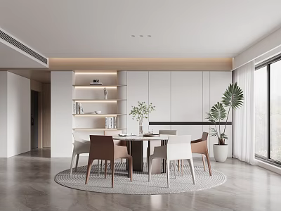 Modern Luxury Restaurant Interior With Round Table Dining Chairs White Cabinets And Green Plants 3d model
