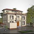 Two Story Detached Villa With Red Roof Balcony Large Windows And Green Trees